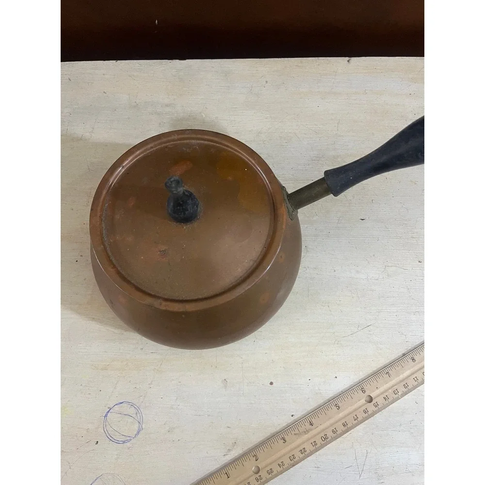 Vintage Copper Fondue Pot with Lid and Wooden Handle Rustic Kitchen Decor‎
